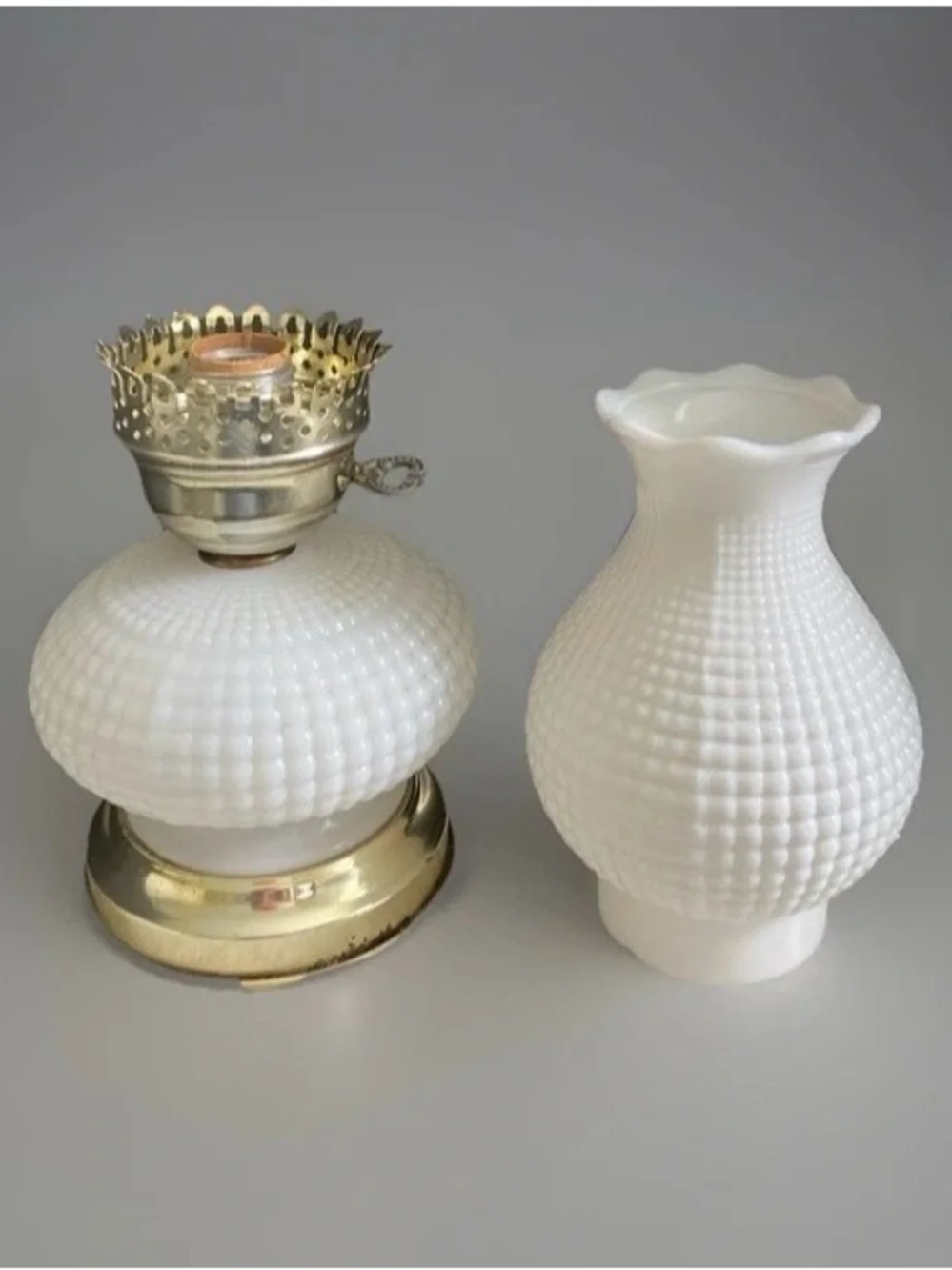 Vintage CORN ROW base & Chimney/Hobnail 3 way milk glass lamp  NICE